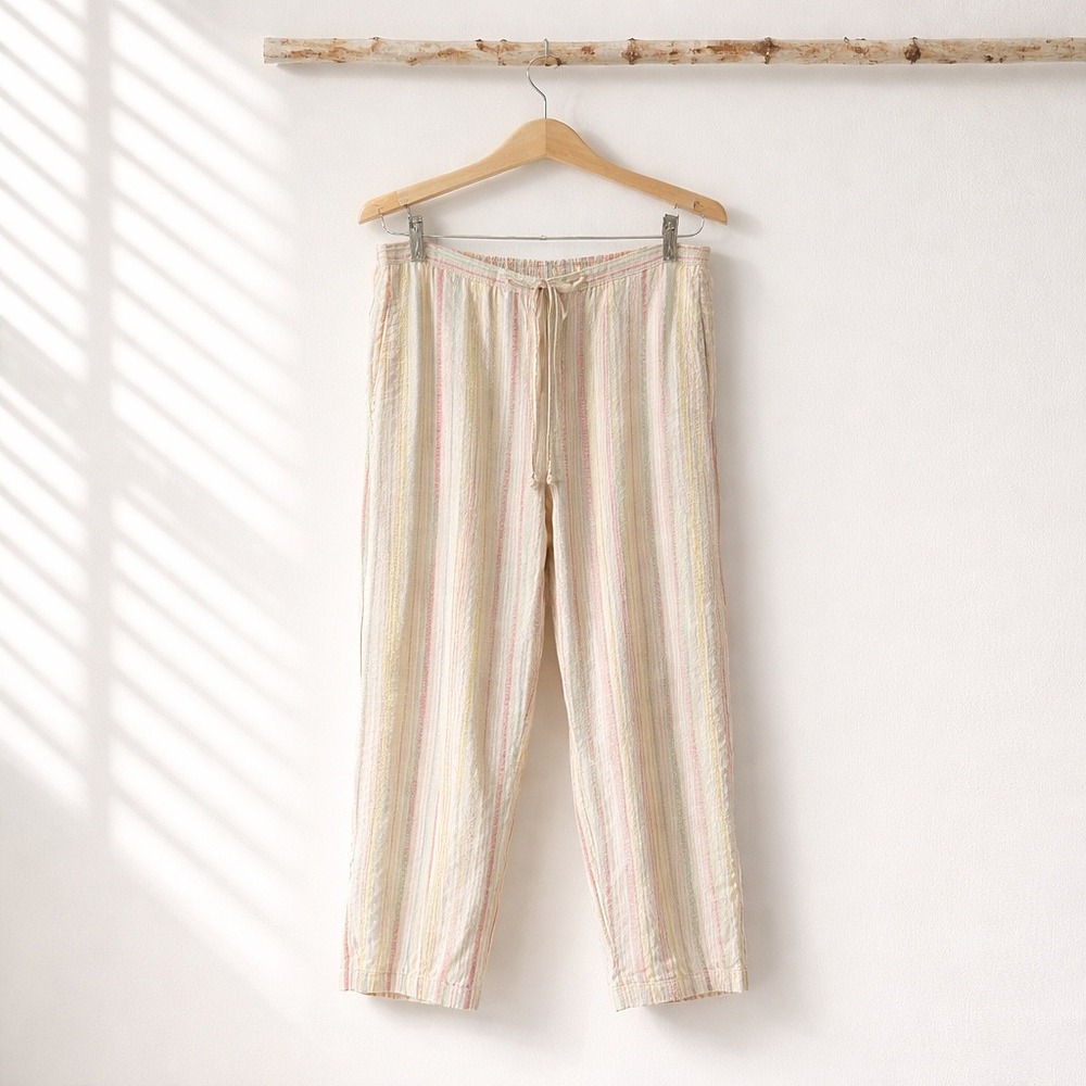 LL Bean Striped Linen Pants Drawstring Straight Leg Womens 10‎ Coastal Vacation